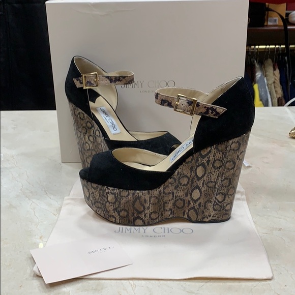 JIMMY CHOO FOLLY EXOTIC SNAKESKIN AND SUEDE PLATFORM SANDALS BLACK SIZE 8, 8.5 - Picture 2 of 7